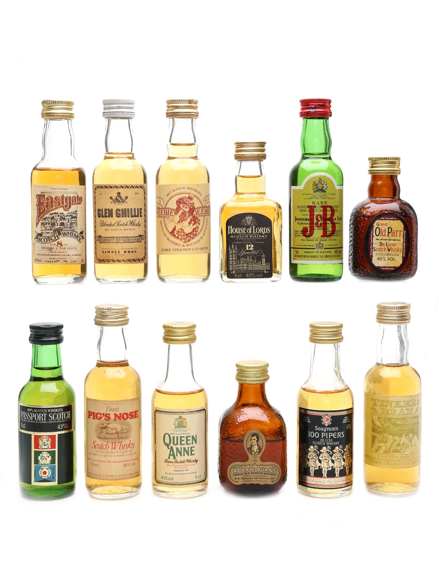 Assorted Blended Scotch Whisky Eastgate, Glen Ghillie, Grand Old Parr, J&B, Pig's Nose, Queen Anne 12 x 5cl