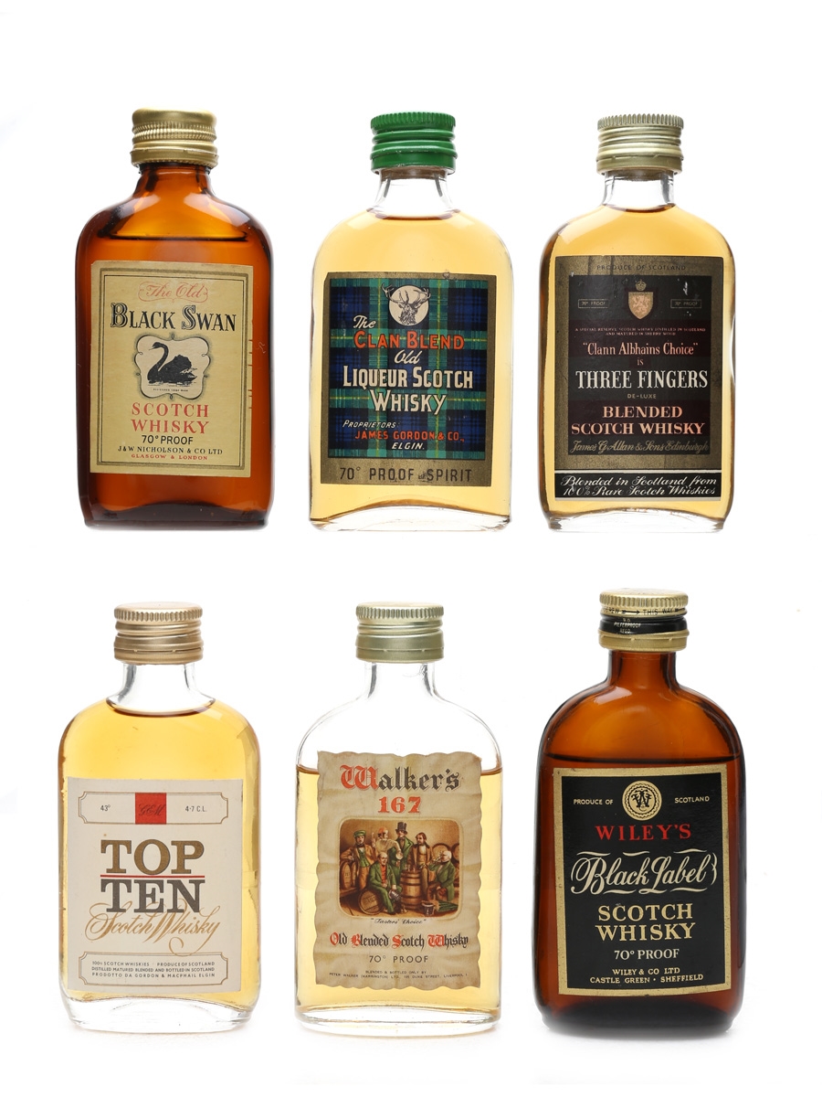 Assorted Blended Scotch Whisky Bottled 1960s-1970s - Black Swan, Clan Blend, Walker's, Wiley's 6 x 4.7cl-5cl