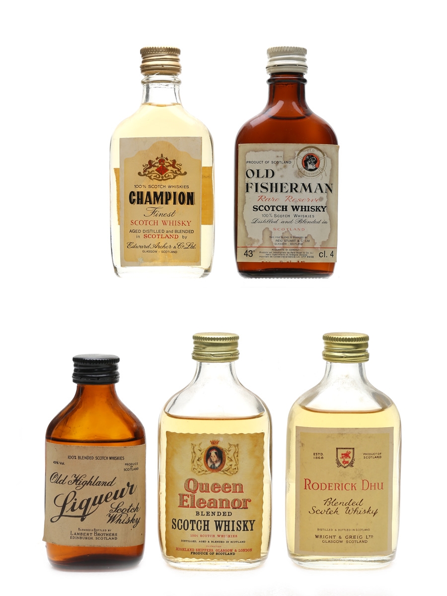 Assorted Blended Scotch Whisky Bottled 1970s - Champion, Old Fisherman, Lambert Brothers, Queen Eleanor, Roderick Dhu 5 x 3.9cl-5cl
