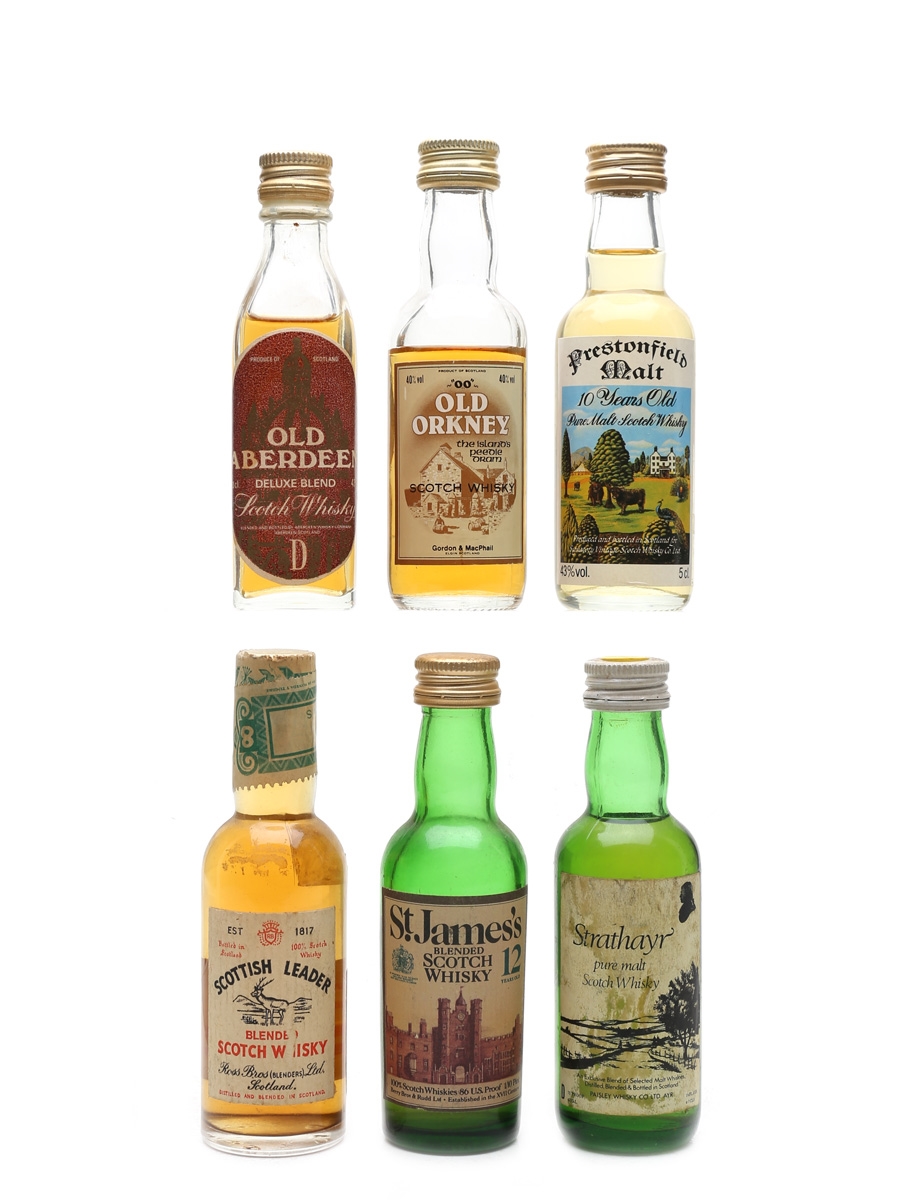 Assorted Blended & Malt Scotch Whisky Bottled 1960s-1980s - Old Aberdeen, Old Orkney, Prestonfield, Berry Bros, Strathayr 6 x 4cl-5cl