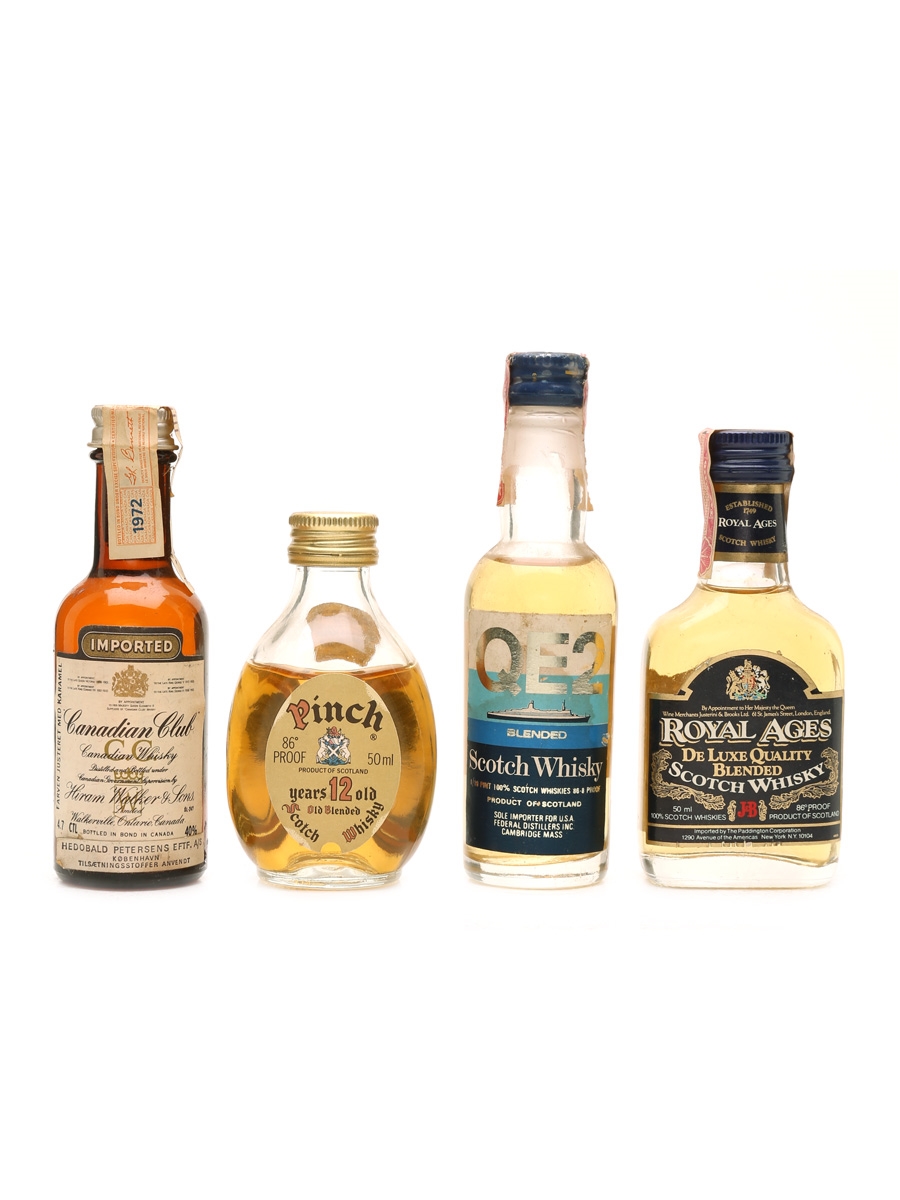 Assorted Blended Scotch & Canadian Whisky Canadian Club 1972, Pinch, QE2 & Royal Ages 4 x 4.7cl-5cl