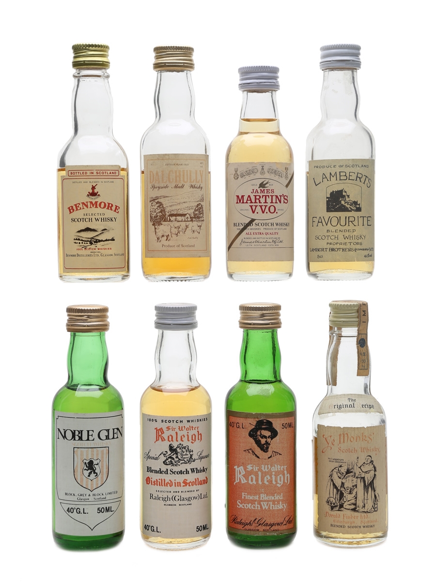Assorted Blended Scotch Whisky Benmore, Dalchully, Lamberts, Noble Glen, Raleigh & Ye Monks 8 x 4.7cl-5cl