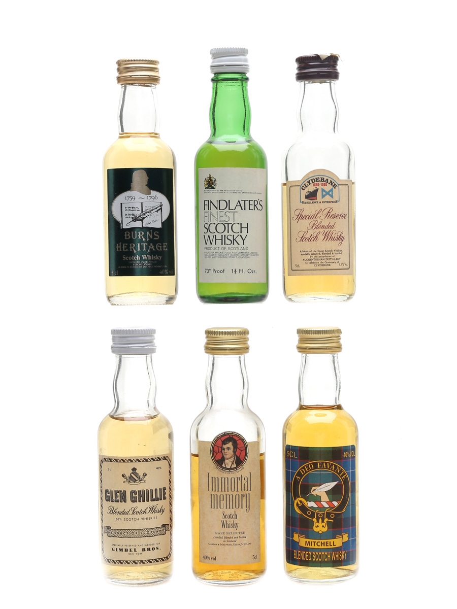 Assorted Blended Scotch Whisky Burns Heritage, Clydebank, Findlater's, Glen Ghillie, Immortal Memory & Mitchell 6 x 4.7cl-5cl