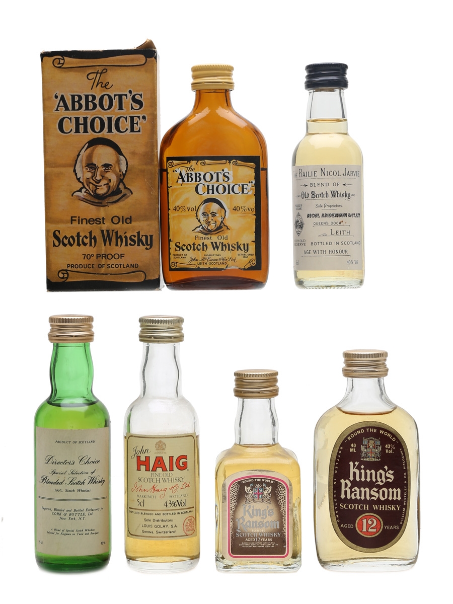 Assorted Blended Scotch Whisky Abbot's Choice, Bailie Nicol Jarvie, Director's Choice, Haig & King's Ransom 6 x 4cl-5cl