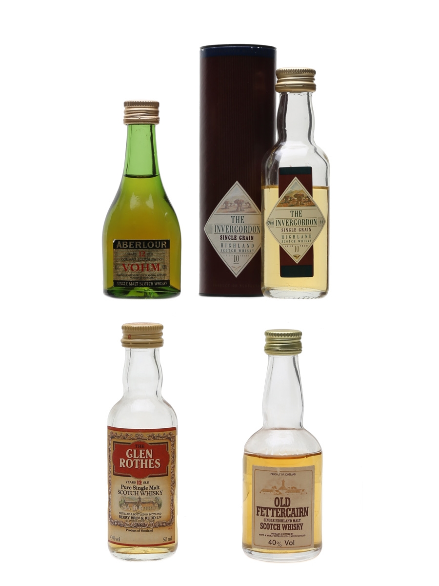 Assorted Single Grain & Malt Scotch Whisky Aberlour, Invergordon, Glen Rothes & Old Fettercairn 4 x 4.5cl-5cl