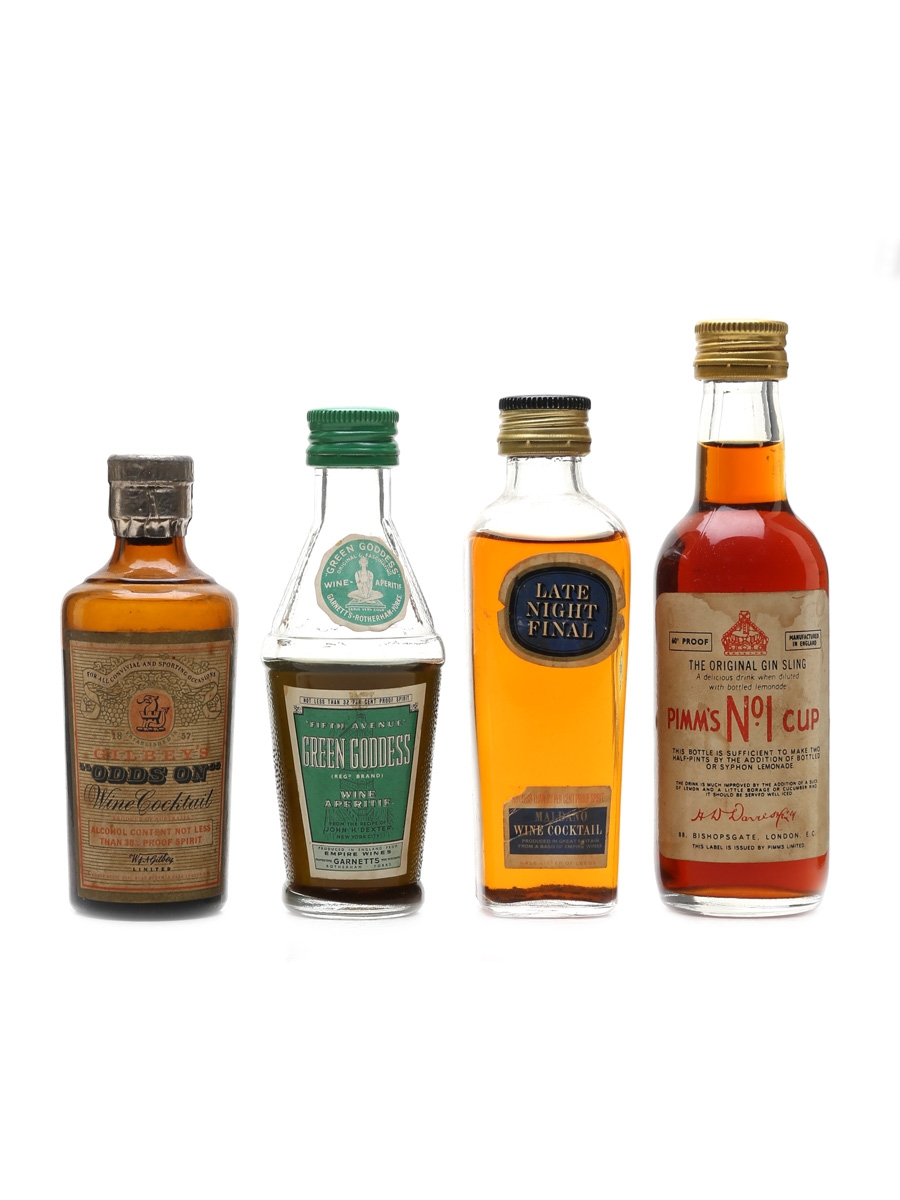 Assorted Aperitifs & Cocktails Bottled 1950s-1960s - Green Goddess, Gilbey's, Maldano, Pimm's 4 x 6cl-10cl