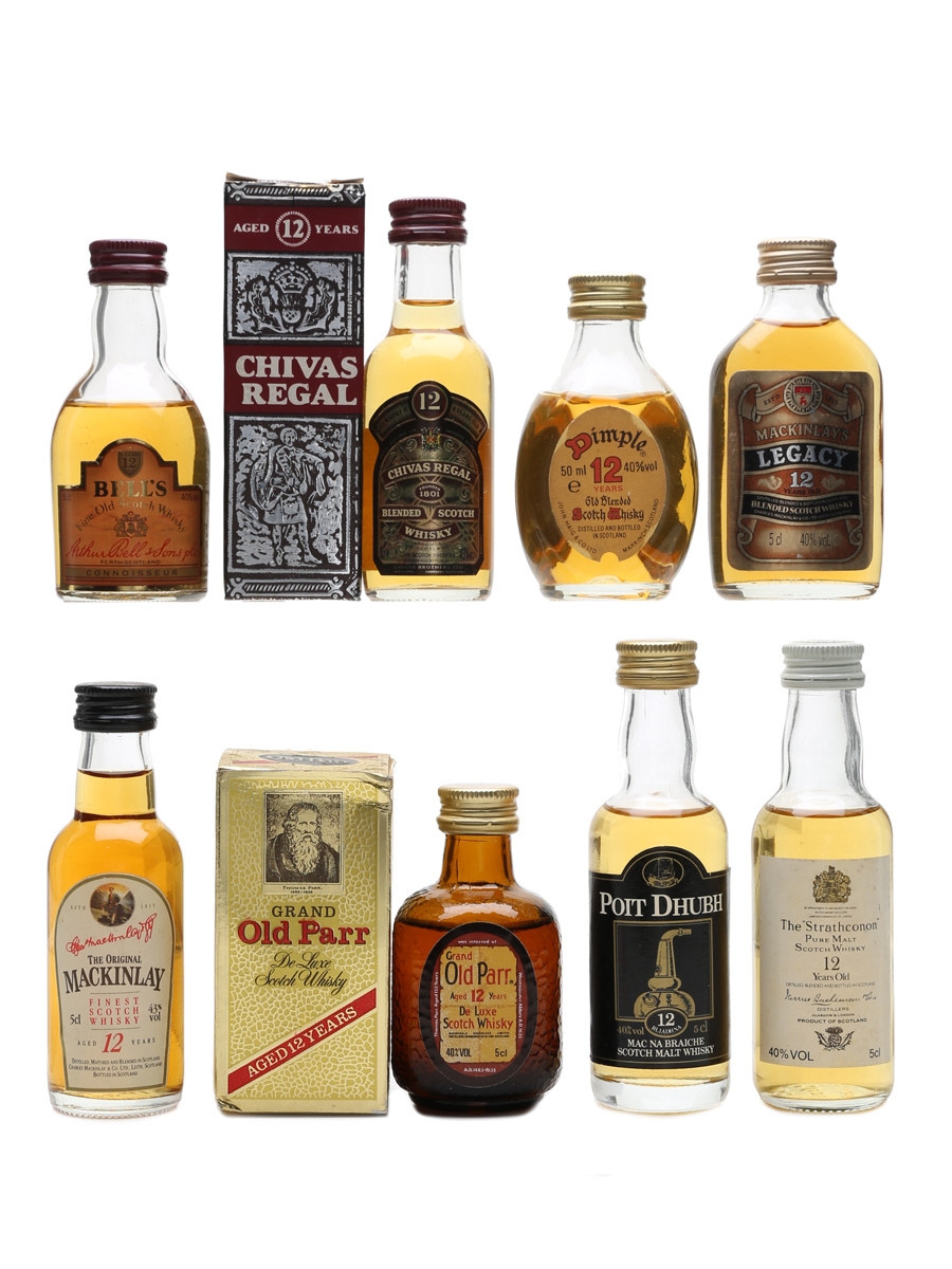 Assorted 12 Year Old Scotch Whisky Bell's, Chivas Regal, Dimple, Mackinlay, Old Parr, Poit Dhub & Strathconon 8 x 5cl