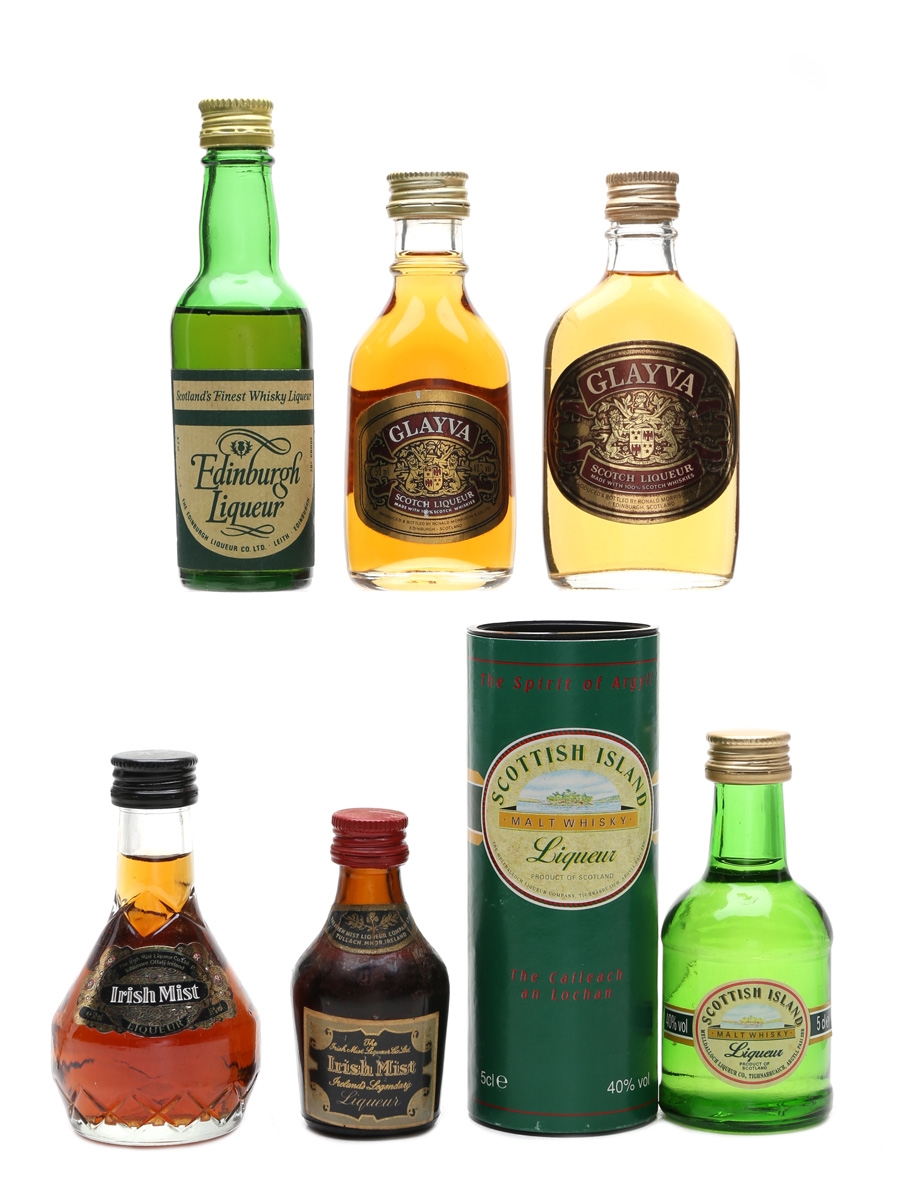 Assorted Whisky Liqueurs Edinburgh, Glayva, Irish Mist, Scottish Island 6 x 2.8cl-5cl