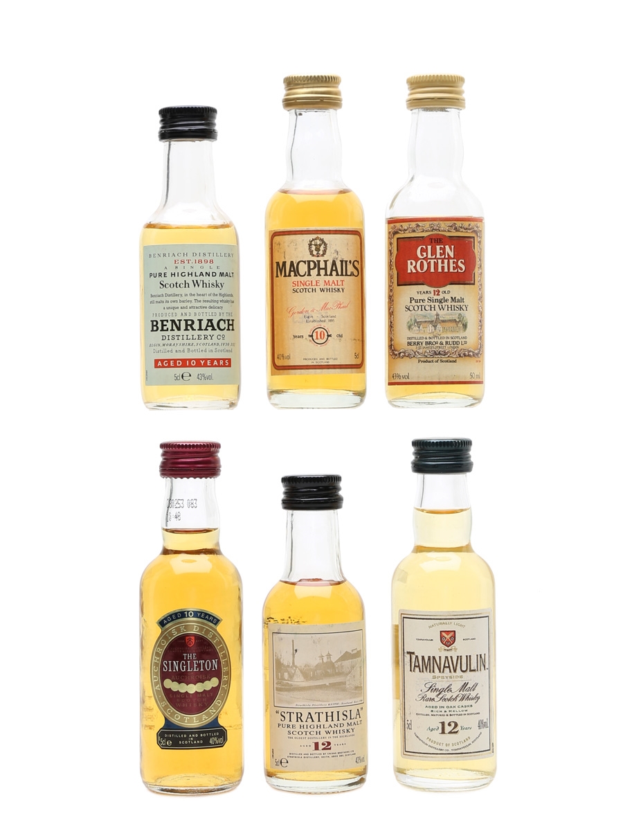 Assorted Single Malt Scotch Whisky Benriach, Glen Rothes, MacPhail's, Tamnavulin, Singleton Of Auchroisk & Strathisla 6 x 5cl