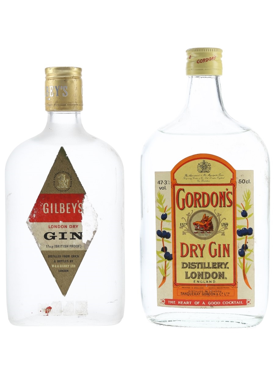 Gilbey's London Dry Gin & Gordon's Dry Gin Bottled 1970s-1980s 37.5cl & 50cl