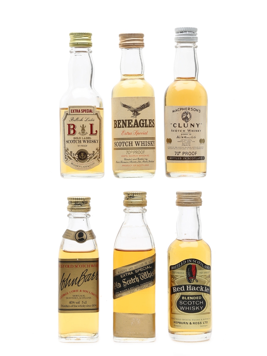 Assorted Blended Scotch Whisky Beneagles, Bulloch Lade's, Cluny, John Barr, Johnnie Walker, Red Hackle 6 x 5cl, 40%