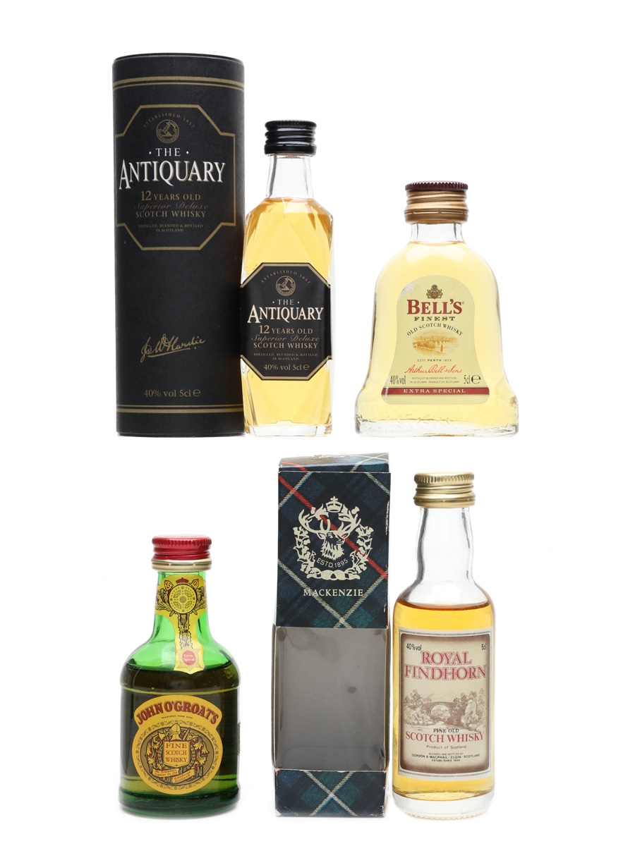 Assorted Blended Scotch Whisky Antiquary, Bell's, John O'Groats & Royal Findhorn 4 x 5cl