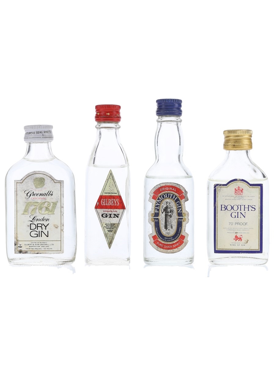 Assorted English Gin Bottled 1970s - Booth's, Coates & Co, Gilbey's, Greenalls 4 x 5cl / 40%