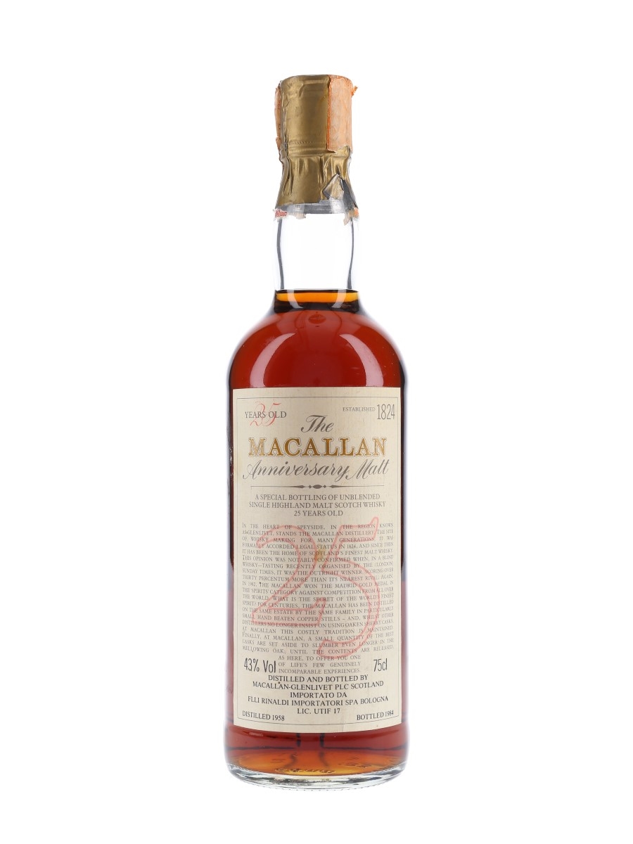 Macallan 1958 25 Year Old Anniversary Malt Bottled 1984 - Rinaldi 75cl / 43%
