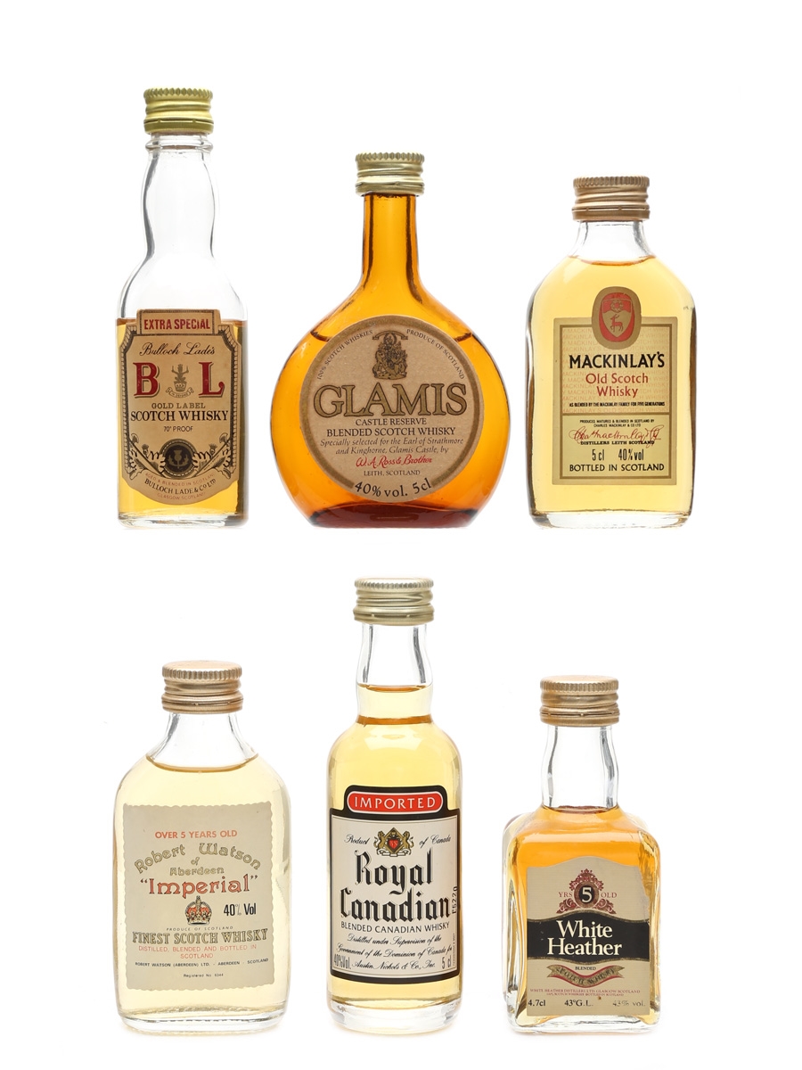Assorted World Whisky Bulloch Lade, Glamis, Mackinlay's, Robert Watson, Royal Canadian & White Heather 6 x 4.7cl-5cl