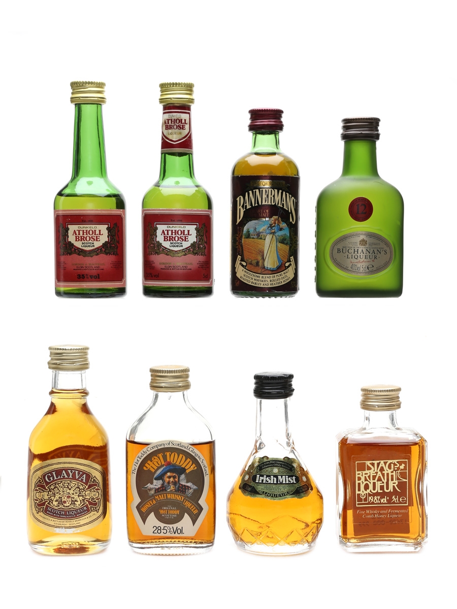 Assorted Whisky Liqueurs Atholl Brose, Bannermans, Buchanan's, Glayva, Hot Toddy, Irish Mist & Stag's Breath 8 x 5cl