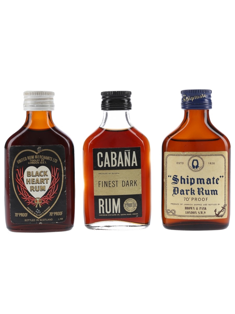 Black Heart, Cabana & Shipmate Dark Rums Bottled 1970s 3 x 5cl / 40%