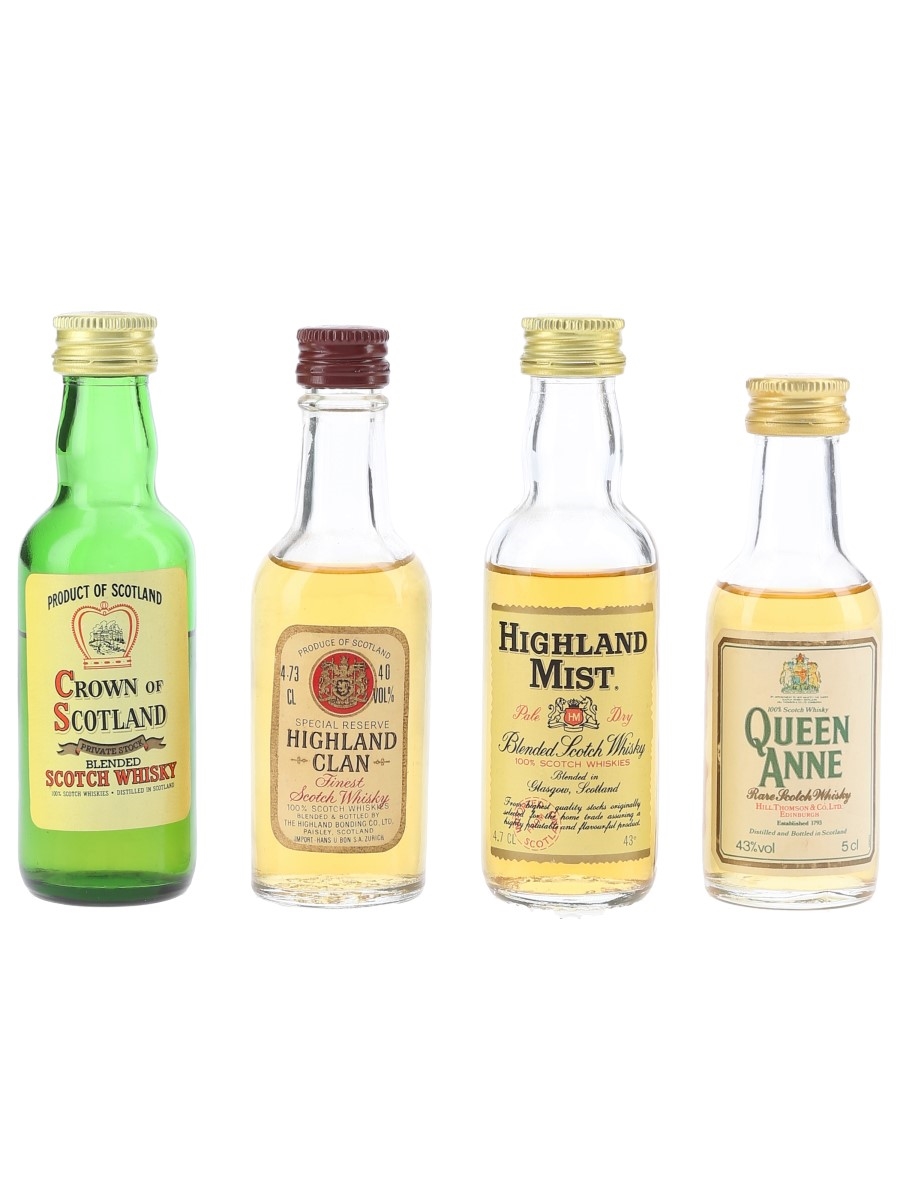 Assorted Blended Scotch Whisky Crown Of Scotland, Highland Clan, Highland Mist & Queen Anne 4 x 4.7cl-5cl