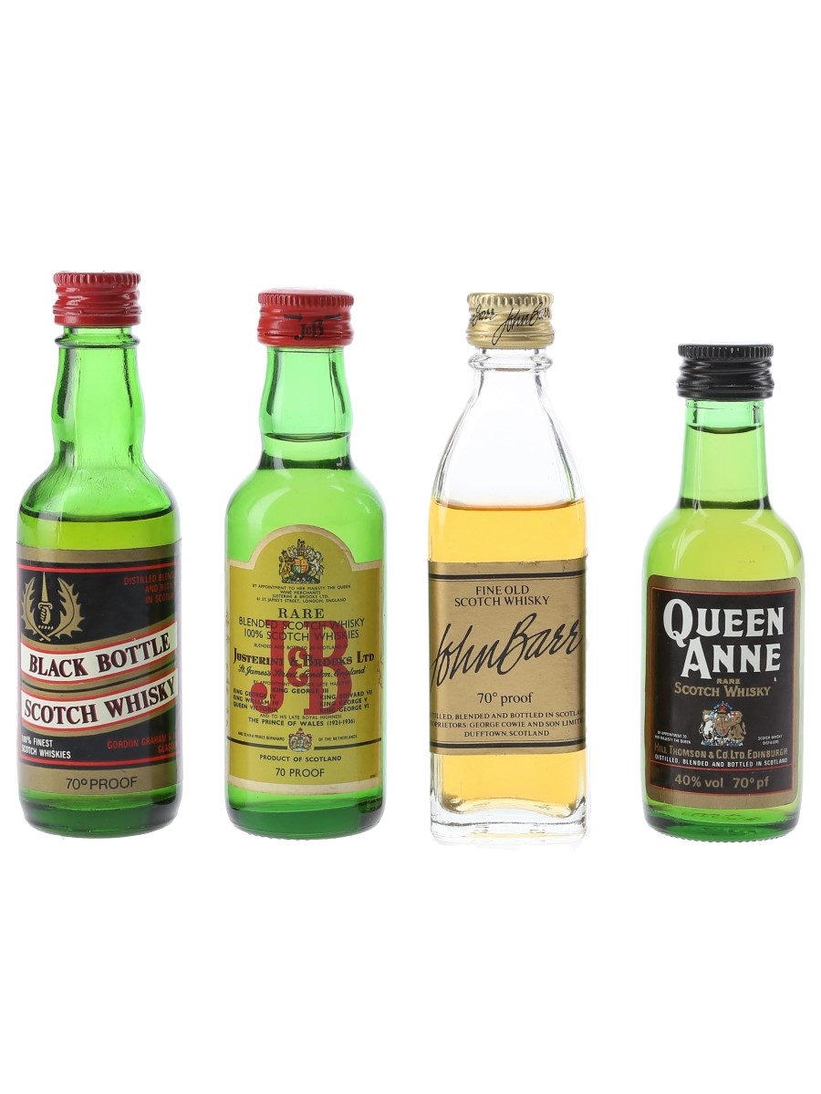 Assorted Blended Scotch Whisky Bottled 1970s - Black Bottle, J&B, John Barr & Queen Anne 4 x 5cl / 40%
