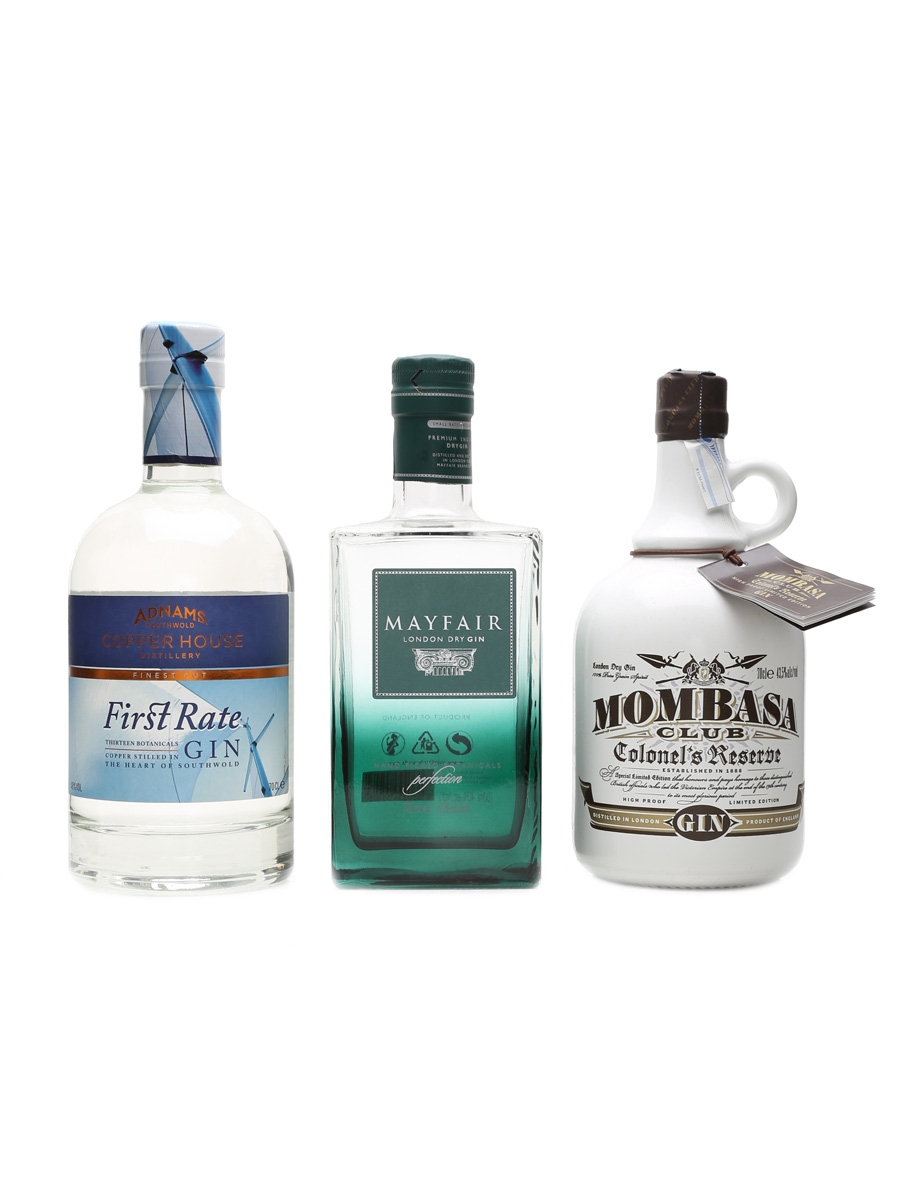 Adnams First Rate, Mayfair London Dry and Mombasa Club Gins 3 x 70cl 