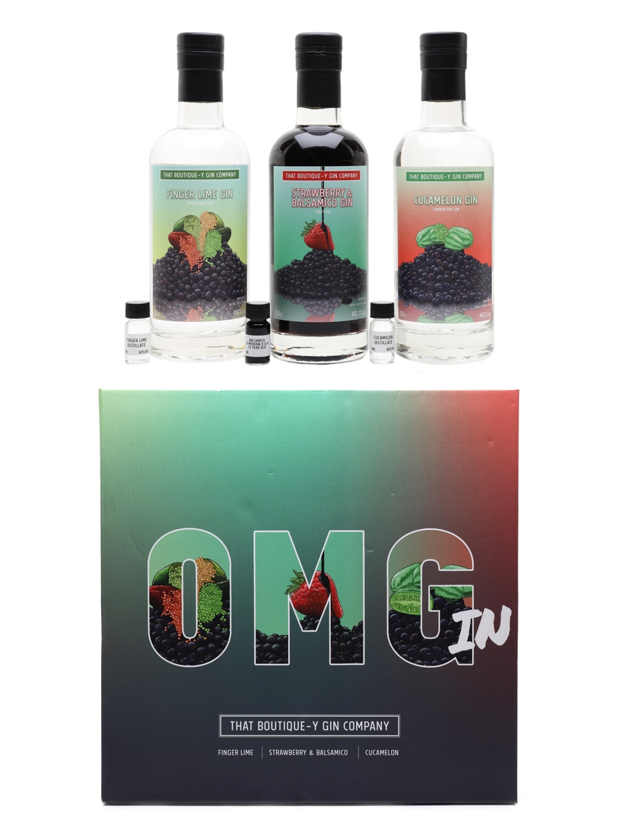 OMGin That Boutique-y Gin Company Finger Lime, Strawberry & Balsamico, Cucamelon 3 x 50cl & 3 x 0.7cl