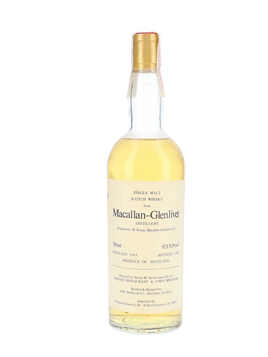 Macallan Glenlivet 1963 Bottled 1983 - Narsai's Restaurant & Corti Brothers - Signed Bottle 75cl / 46%