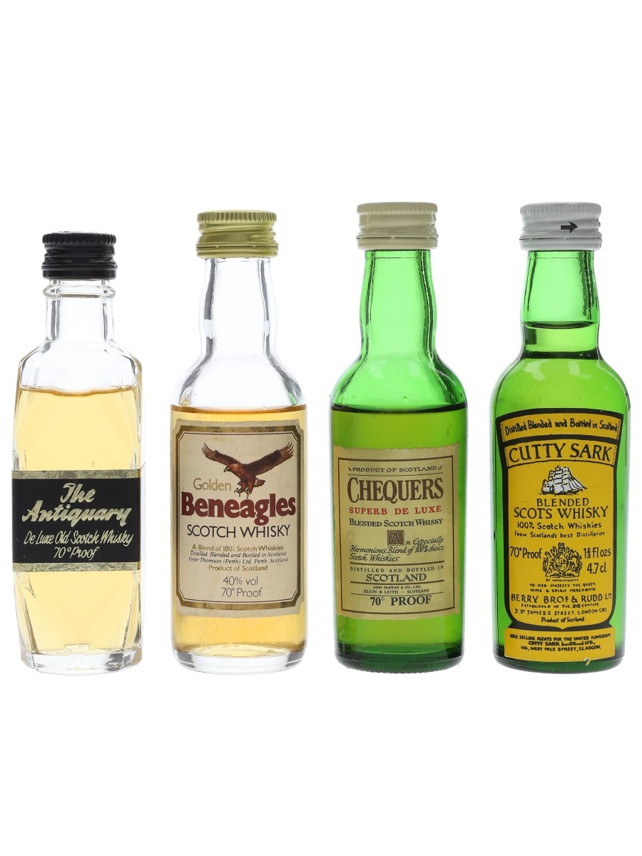 Assorted Blended Scotch Whisky Antiquary, Chequers, Cutty Sark & Golden Beneagles 4 x 4.7cl-5cl / 40%