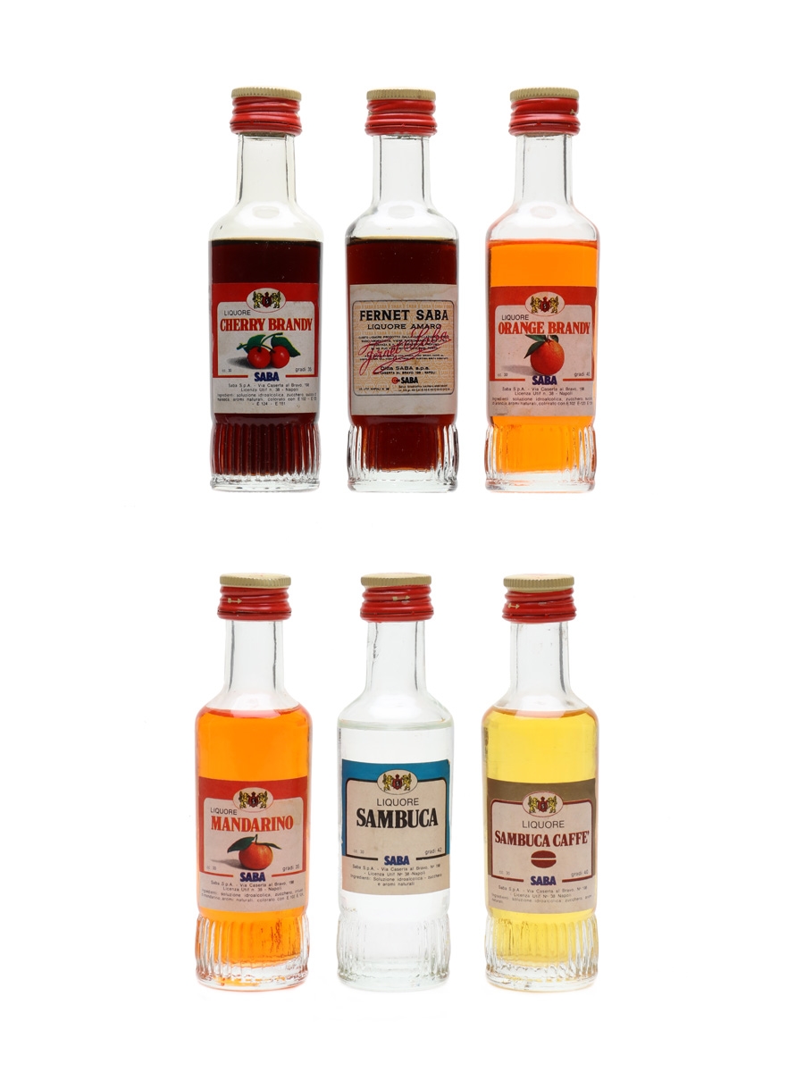 Saba Liqueurs Cherry Brandy, Fernet Saba, Mandarino, Orange Brandy, Sambuca 6 x 3cl-3.5cl