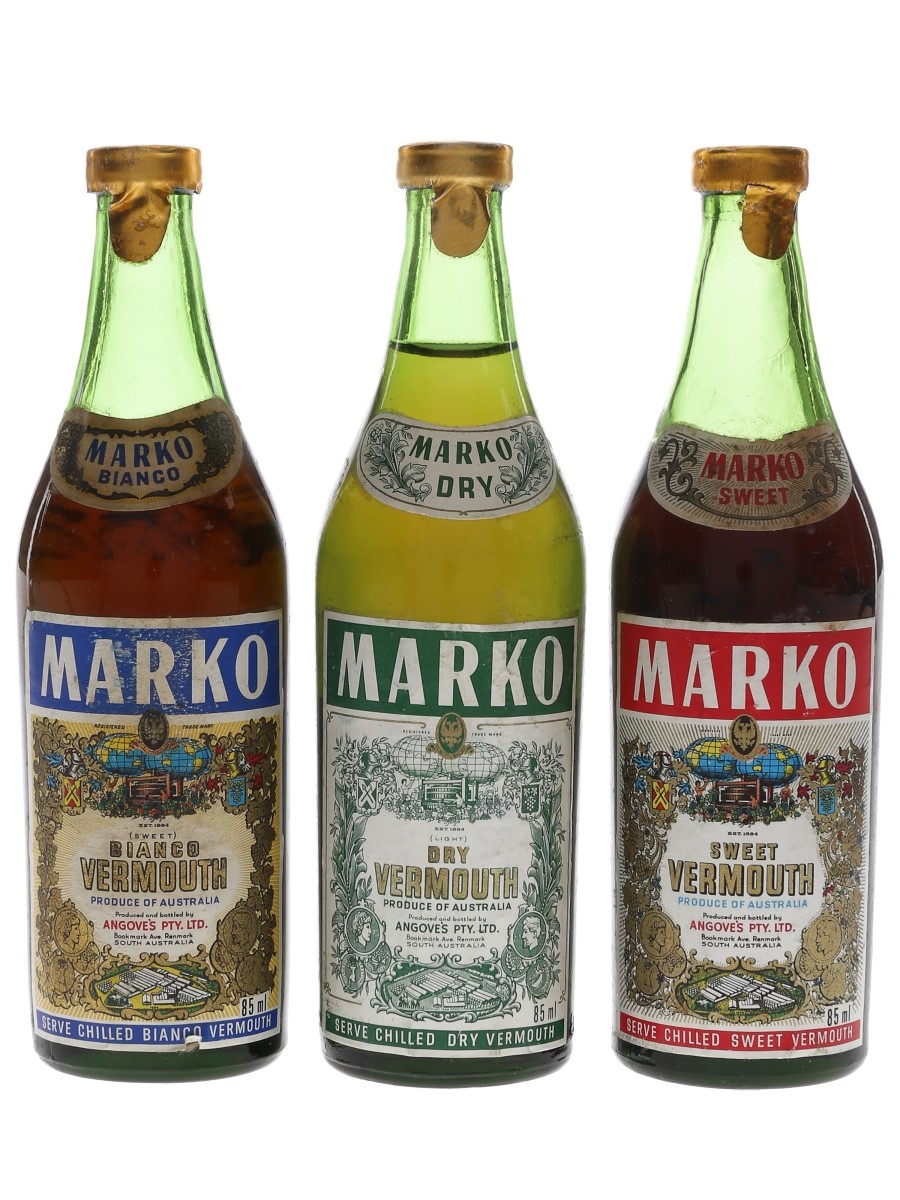 Angove's Marko Bianco, Dry & Sweet Vermouth Bottled 1970s-1980s - Australia 3 x 8.5cl