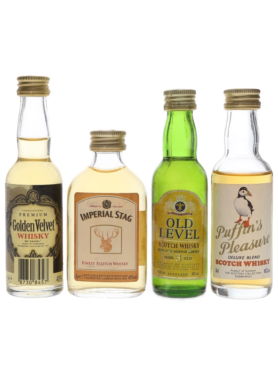 Assorted Blended Scotch Whisky Golden Velvet, Imperial Stag, Old Level, Puffin's Pleasure 4 x 4cl & 5cl