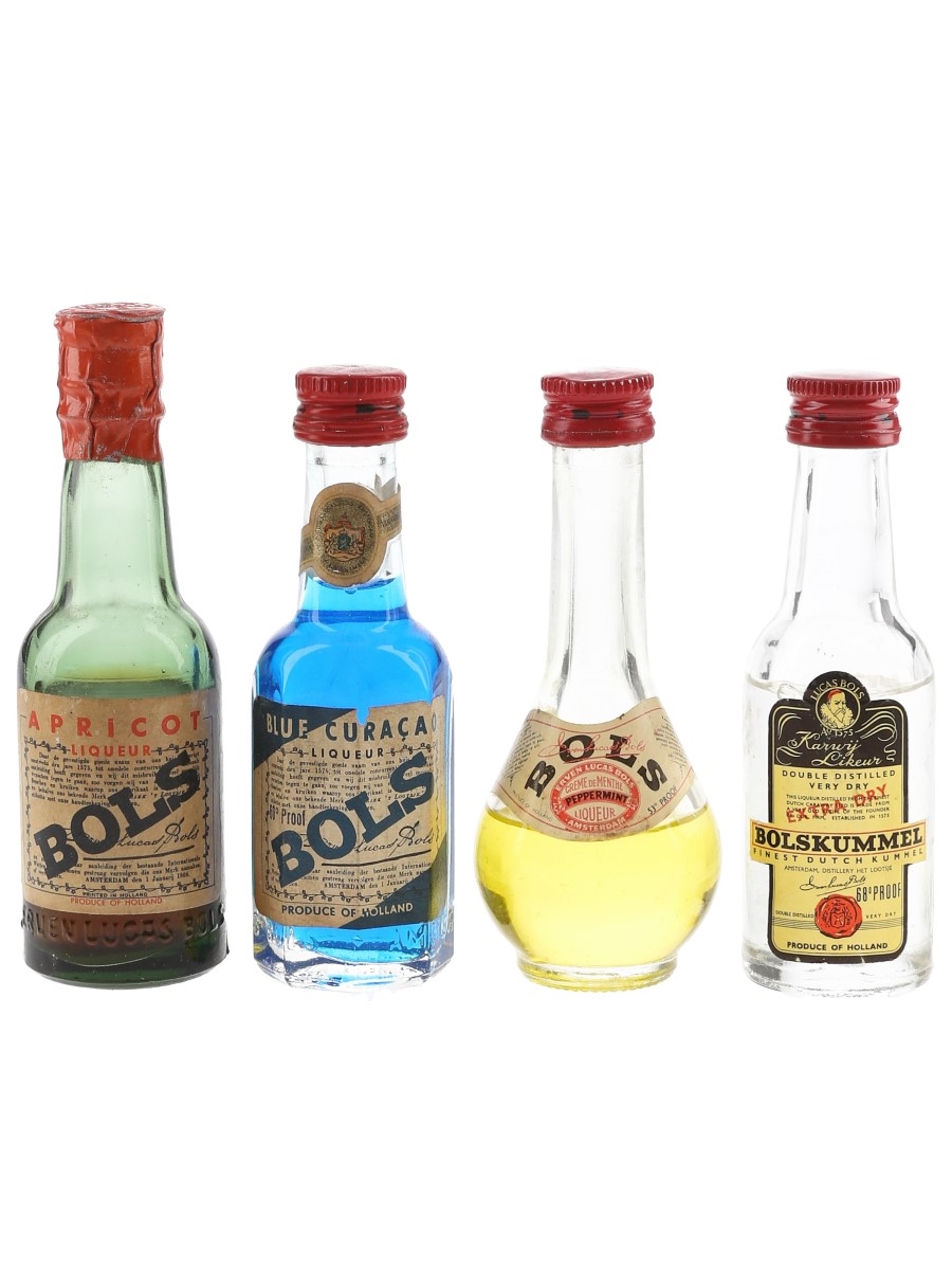 Bols Apricot, Blue Curacao, Creme de Menthe, Kummel Bottled 1950s-1970s 4 x 5cl