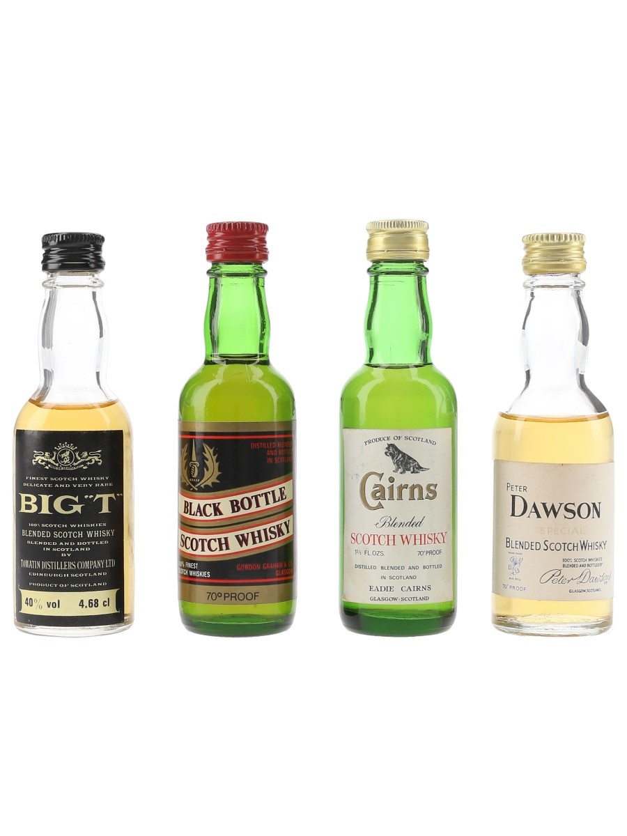 Big T, Black Bottle, Cairns & Peter Dawson Bottled 1970s & 1980s 4 x 4.7cl / 40%