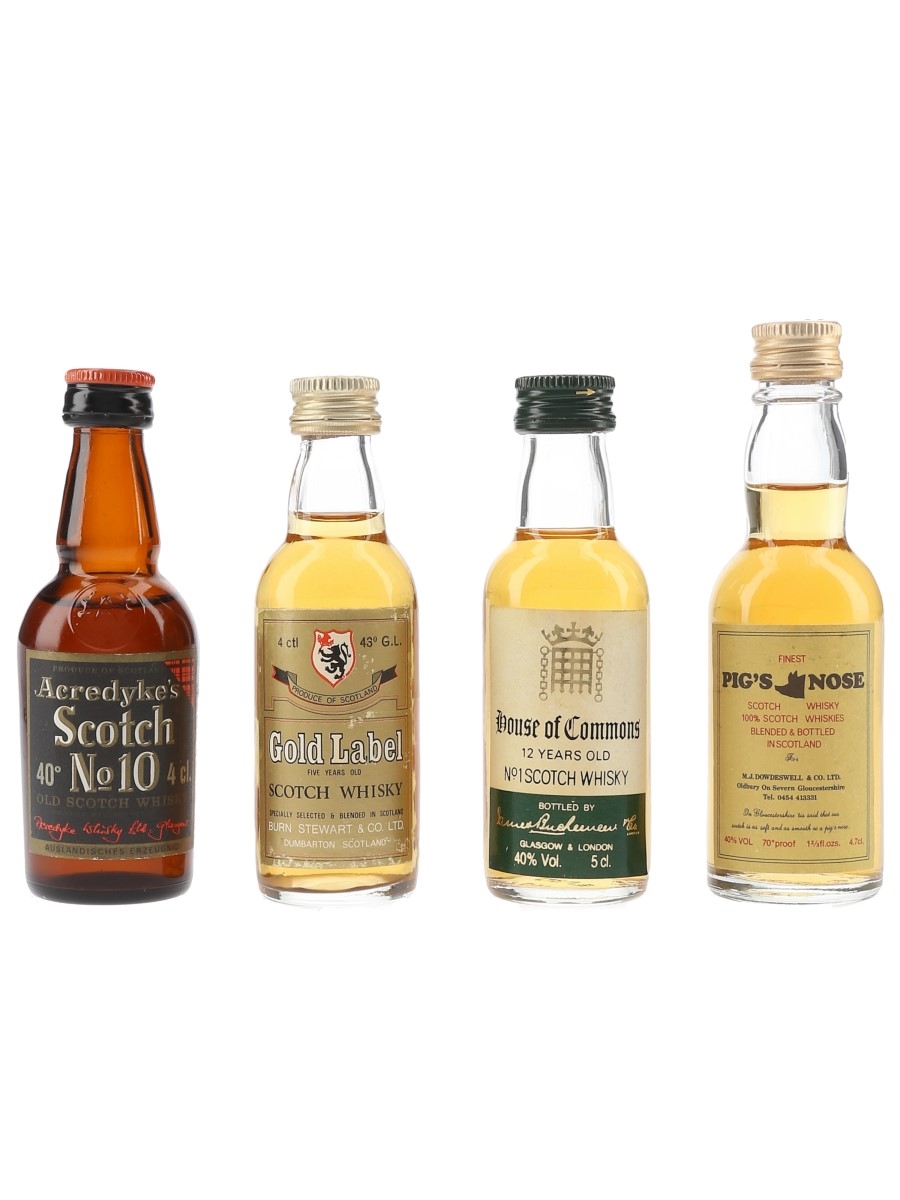 Acredyke's No.10, Gold Label, House Of Commons & Pig's Nose Bottled 1970s-1980s 4 x 4cl-5cl