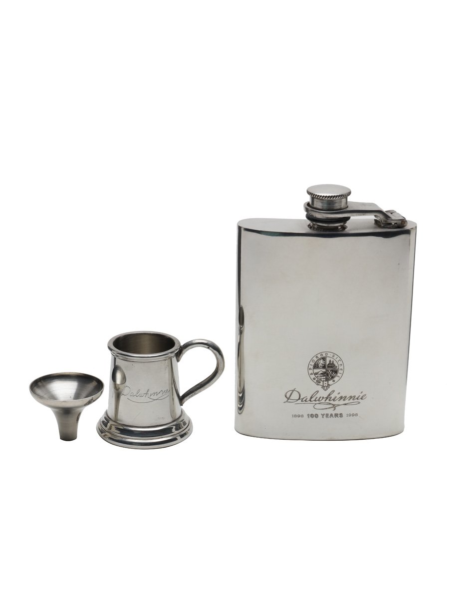 Dalwhinnie 100 Years Anniversary Hip Flask With Funnel And Metal Cup English Pewter 12cm x 8.5cm & 4.5cm