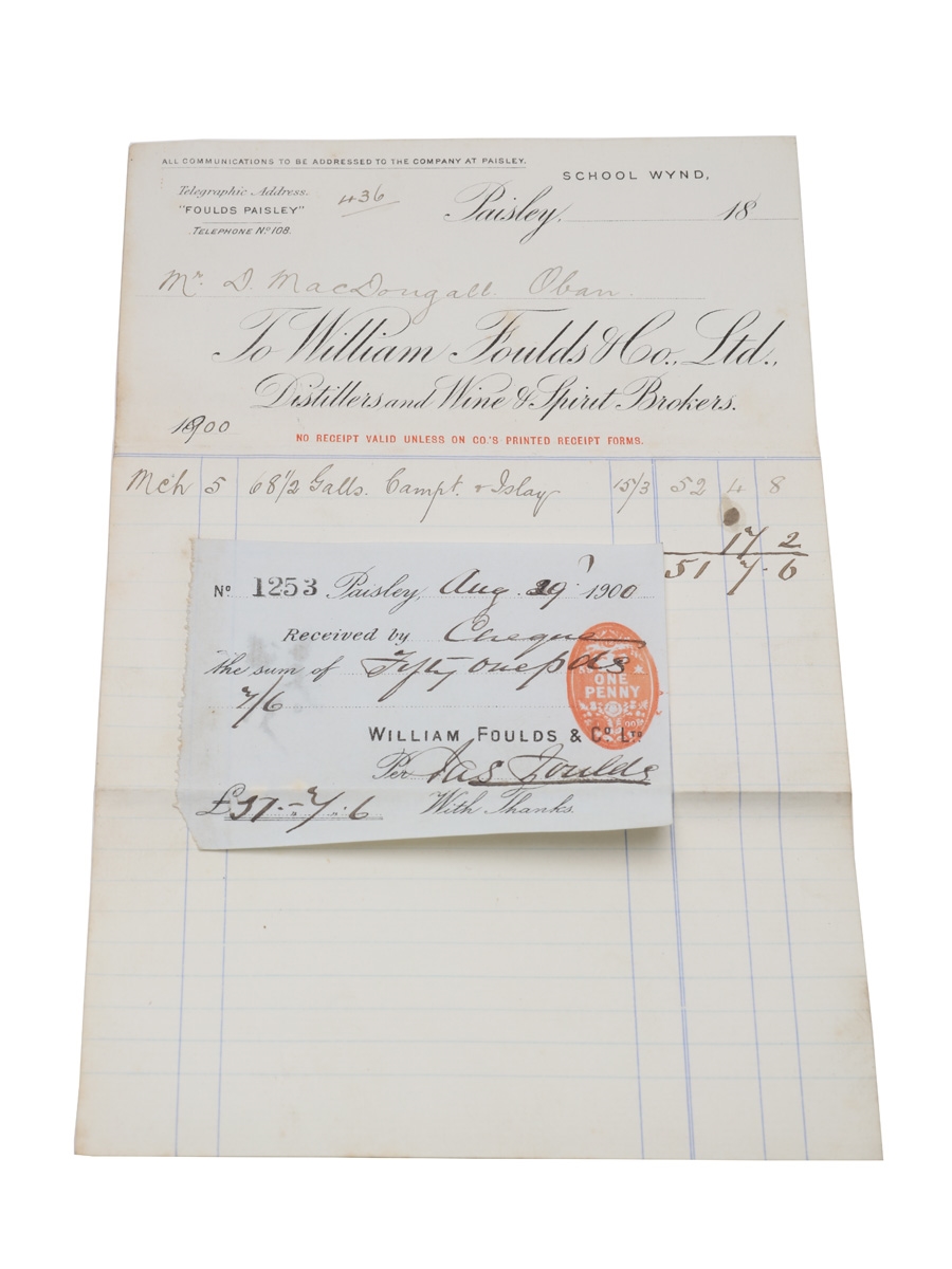 William Foulds & Co. Ltd. Purchase Receipt 1900 Campbeltown & Islay Whiskies 