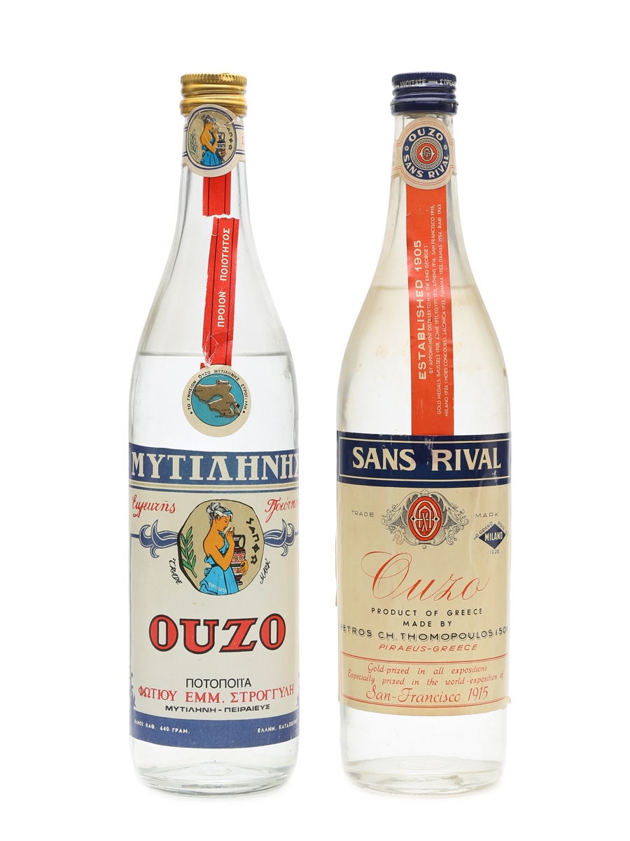 Sans Rival & Mytilene Ouzo Bottled 1970s 2 x 66cl