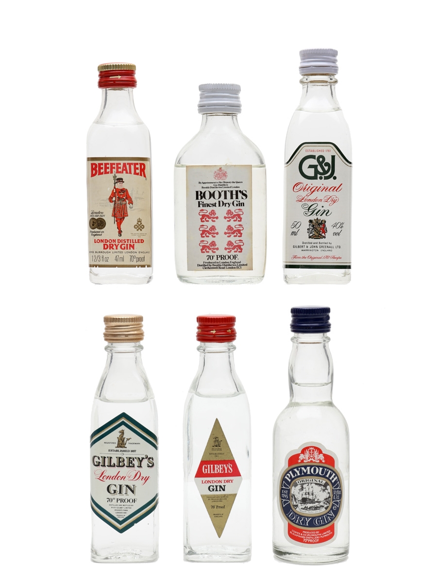 Beefeater, Booth's, Coates, Gilbey's And G&J Bottled 1970s-1980s 6 x 4.7cl-5cl