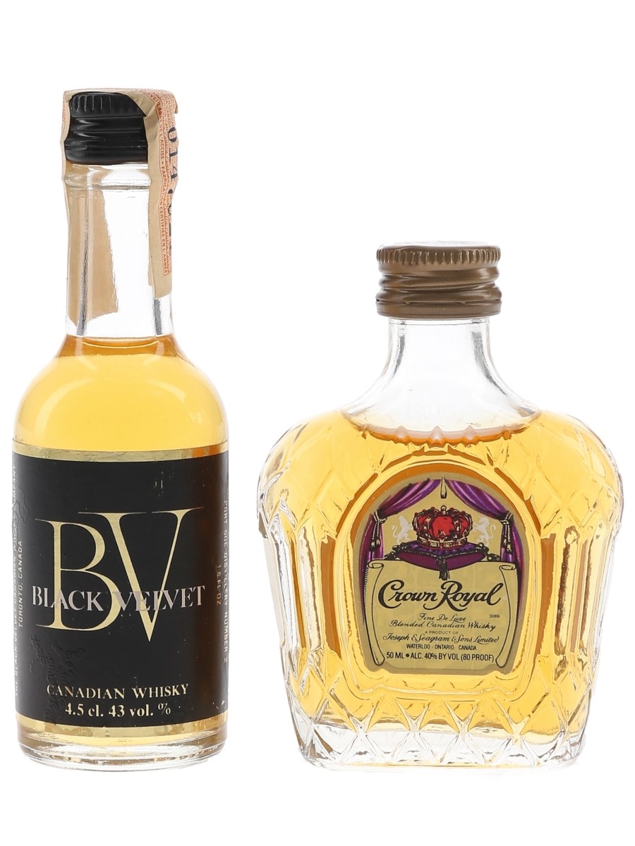 Black Velvet & Crown Royal Bottled 1970s & 1980s 2 x 4.5cl-5cl