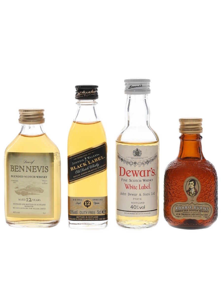 Dewar's, Dew Of Ben Nevis, Johnnie Walker Black Label & Robbie Burns Bottled 1980s & 1990s 4 x 5cl