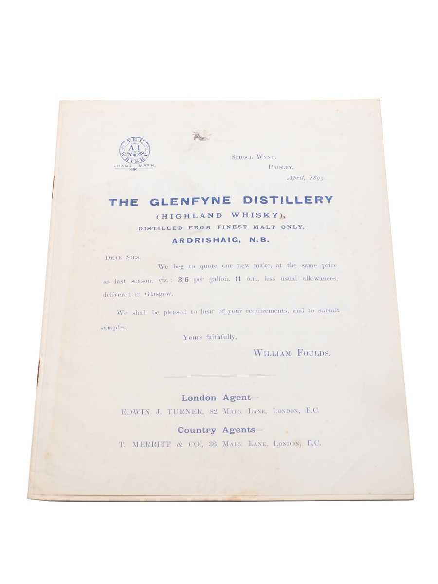 William Foulds List Of Old Scotch Whiskies, April 1893 Wholesale Price List 