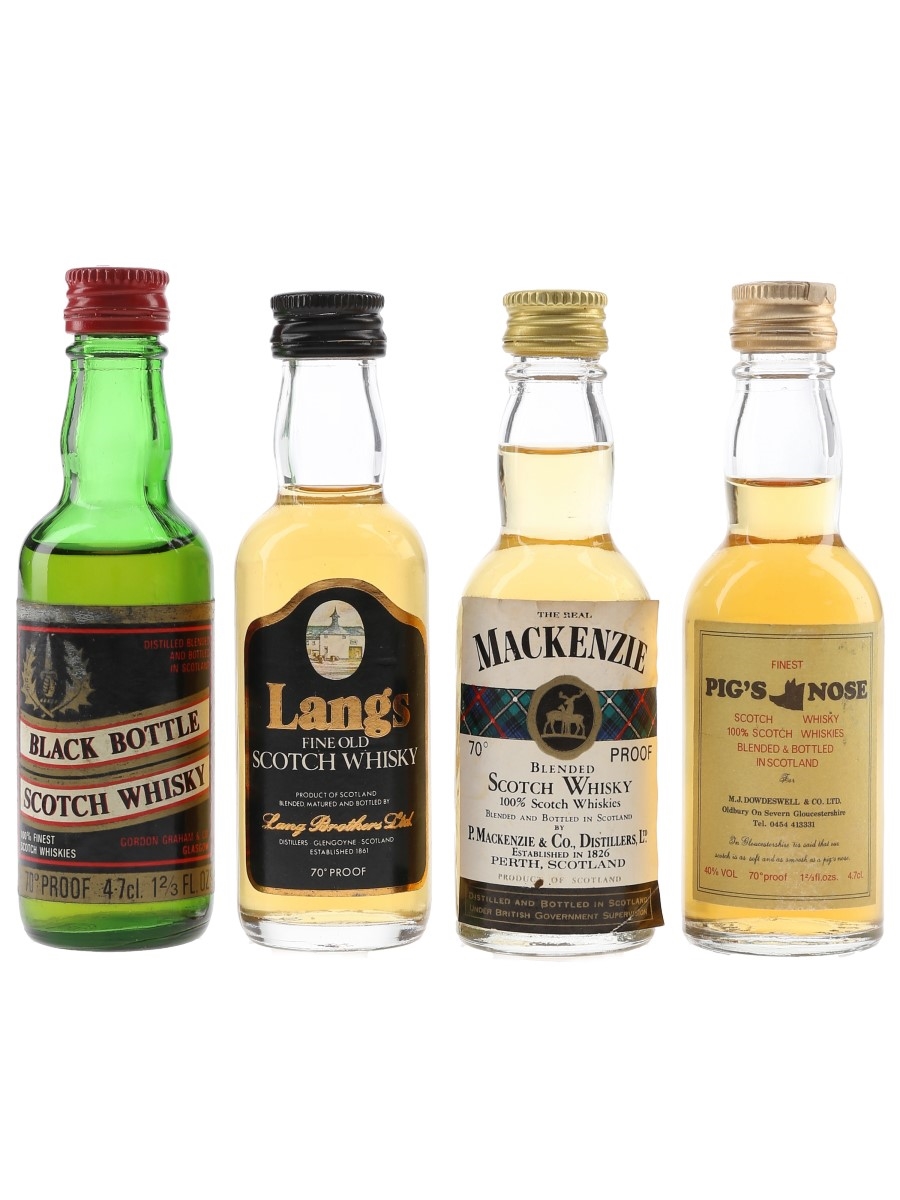 Black Bottle, Langs, Mackenzie & Pig's Nose Bottled 1970s 4 x 4.7cl-5cl / 40%
