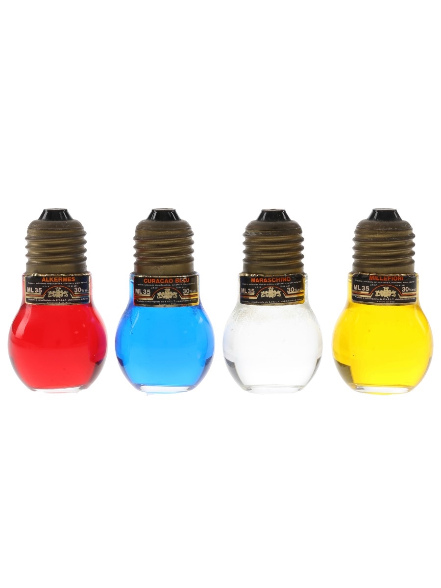 Evelt Light Bulb Liqueurs Alkermes, Curacao Bleu, Maraschino, Millefiori 4 x 3.5cl / 30%
