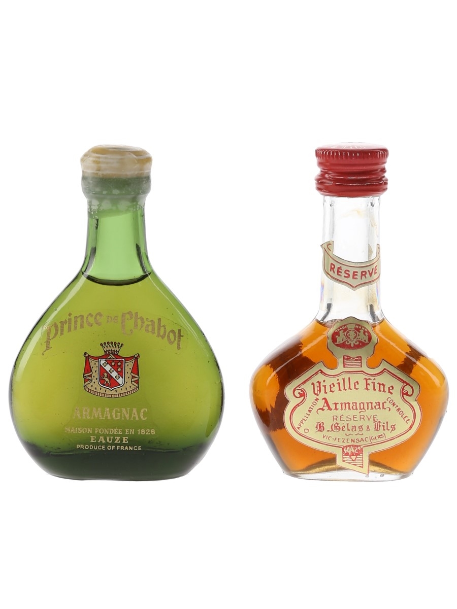 Prince De Chabot & Gelas Armagnac Bottled 1960s-1970s 2 x 3cl