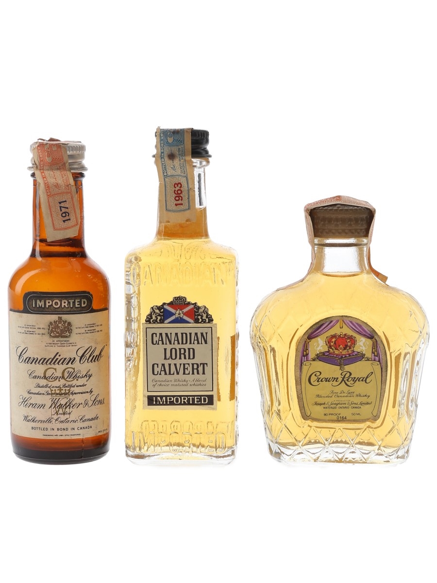 Canadian Club, Canadian Lord Calvert & Crown Royal Bottled 1960s & 1970s 3 x 4.7cl-5cl
