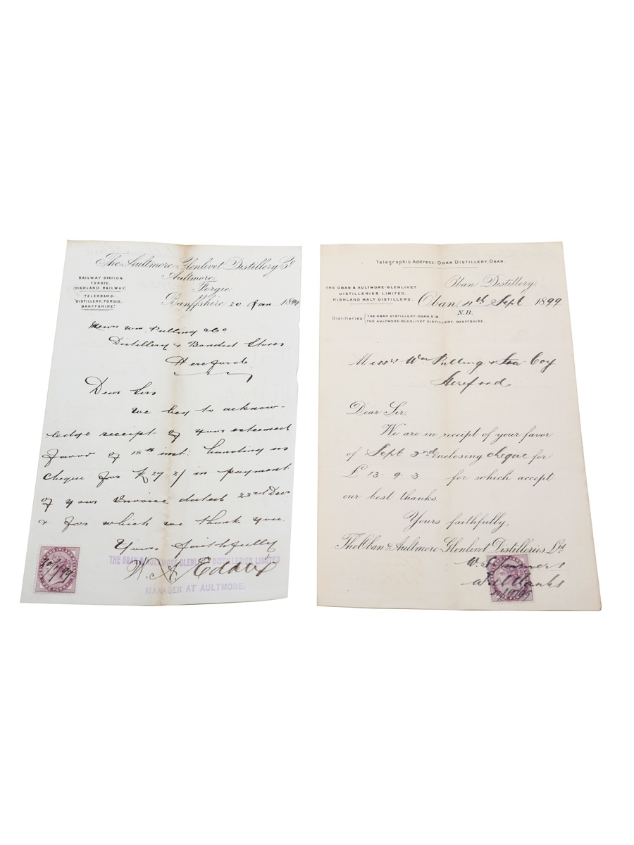 Oban & Aultmore Glenlivet Distilleries Ltd. Receipts, Dated 1899 William Pulling & Co. 