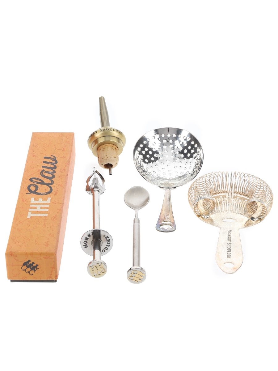 Monkey Shoulder Claw, iSpoon, Cocktail Strainer, Hawthorne Strainer and Pourer 